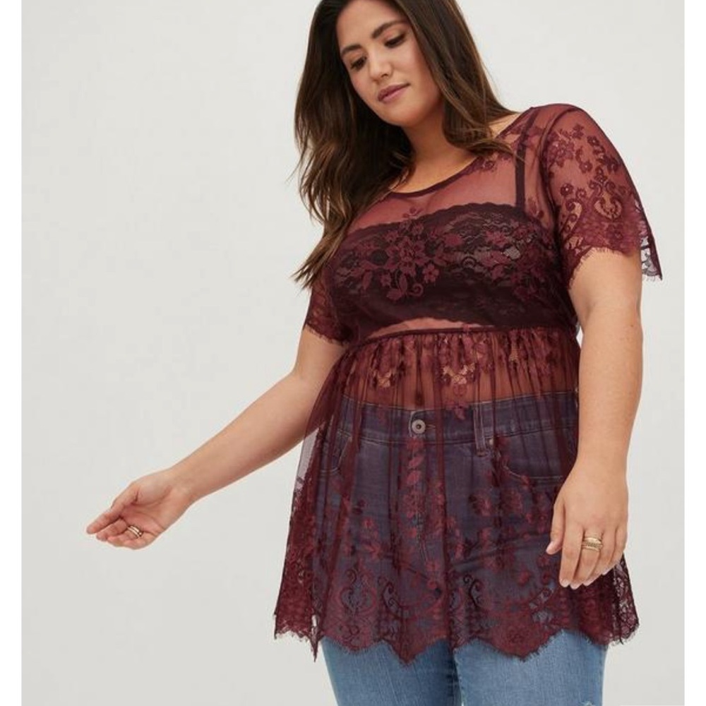 BABYDOLL SHEER LACE SHORT SLEEVE TOP Torrid
